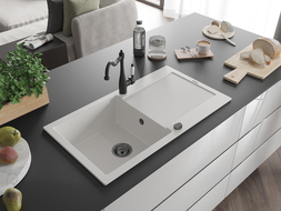 Mexen Leo granito plautuvė 1-skylių su drenažu ir virtuviniu maišytuvu Carla, baltas - 6501-20-670700-70