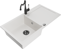 Mexen Leo granito plautuvė 1-skylių su drenažu ir virtuviniu maišytuvu Carla, baltas - 6501-20-670700-70