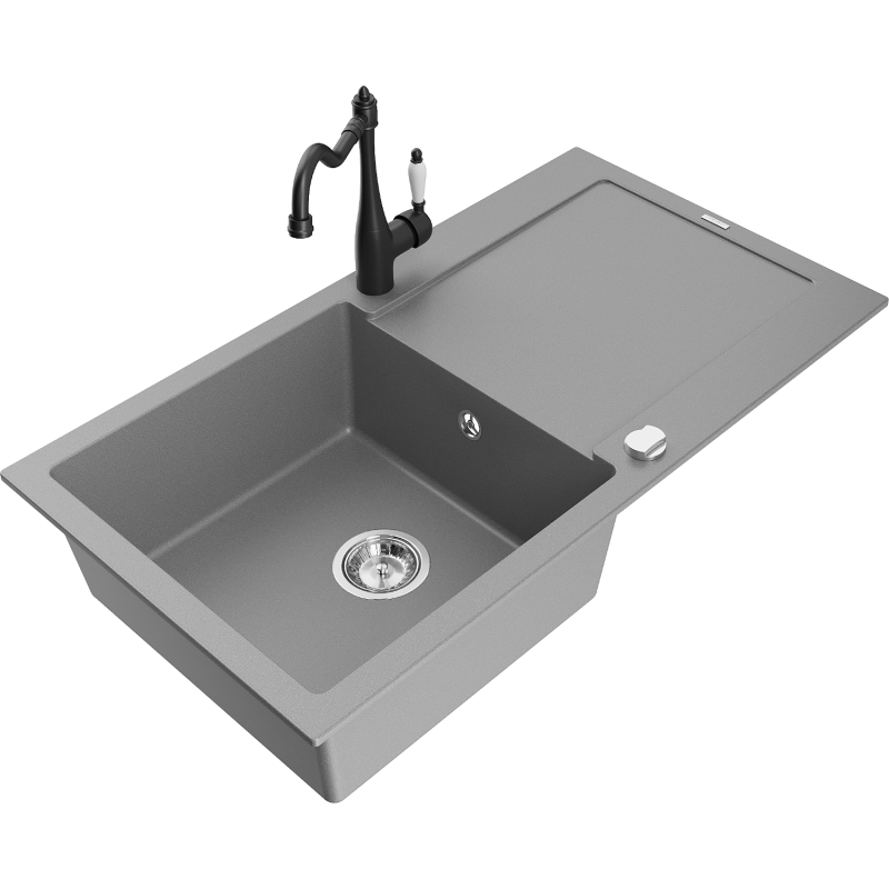 Mexen Leo granitinė vienos plautuvės kriauklė su nutekėjimo sistema ir virtuviniu maišytuvu Carla, pilkas - 6501-71-670700-70