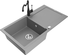 Mexen Leo granitinė vienos plautuvės kriauklė su nutekėjimo sistema ir virtuviniu maišytuvu Carla, pilkas - 6501-71-670700-70