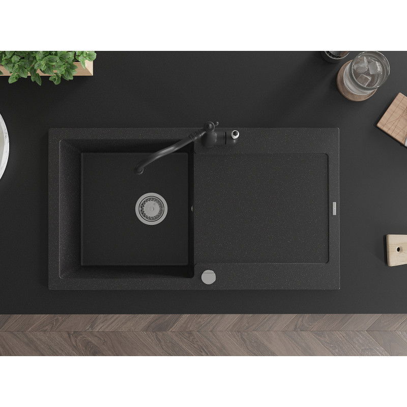 Mexen Leo granitinė vienos plautuvės kriauklė su nuvarvėtu ir virtuviniu maišytuvu Carla, juoda/sidabrinis metalikas