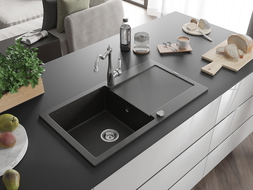 Mexen Leo granitinė plautuvė 1 kameros su nutekėjimu ir virtuvės maišytuvu Carla, juoda/auksinis metalikas - 6501-75-670700-00