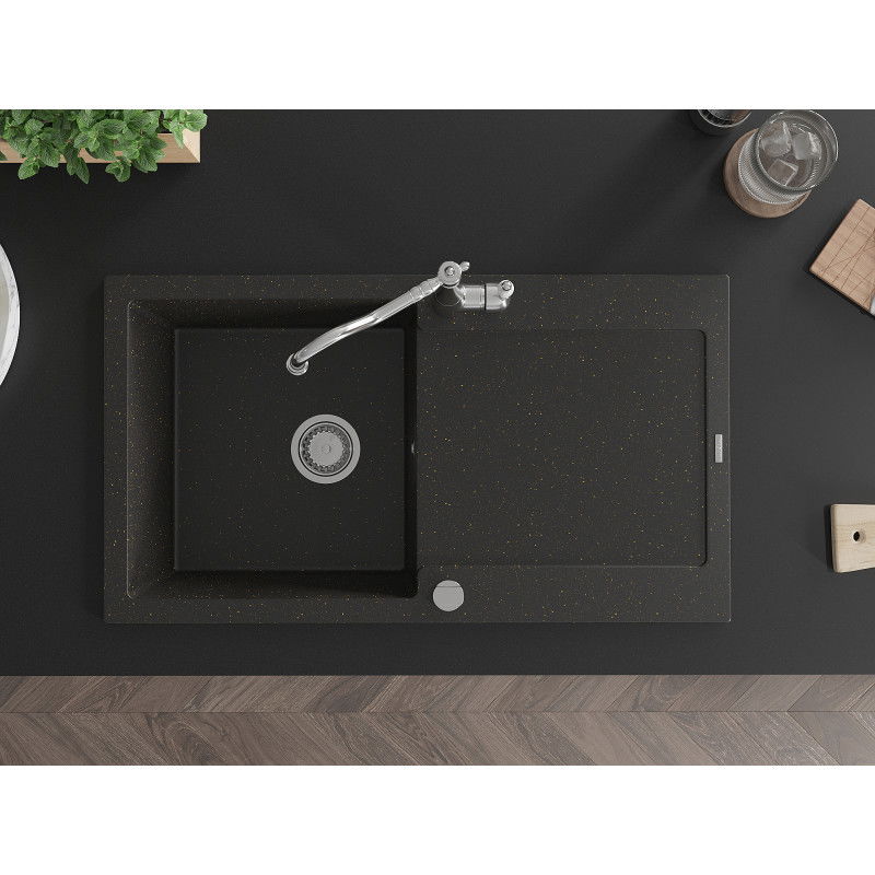 Mexen Leo granitinė plautuvė 1 kameros su nutekėjimu ir virtuvės maišytuvu Carla, juoda/auksinis metalikas - 6501-75-670700-00
