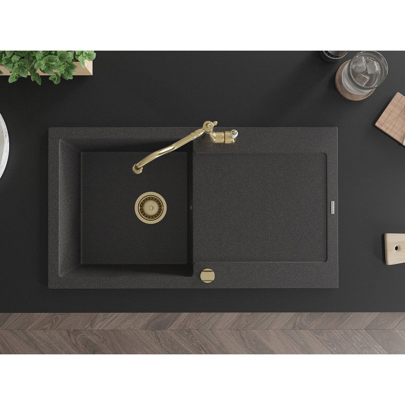 Mexen Leo granitinė vieno dubens plautuvė su nusausintuvu ir virtuviniu maišytuvu Carla, juoda su dėmelėmis - 6501-76-670700-50