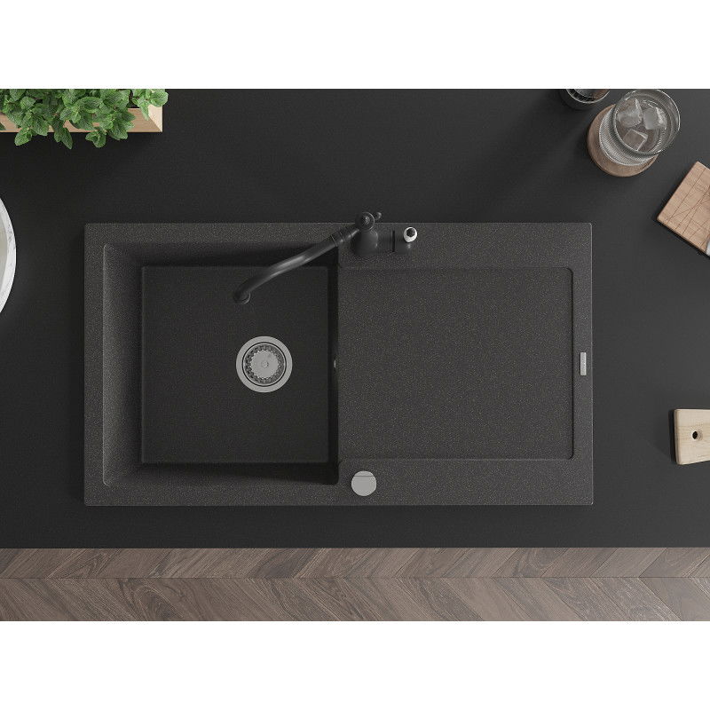 Mexen Leo granitinė 1-komorų kriauklė su nusausintuvu ir virtuviniu maišytuvu Carla, juoda dėmėta - 6501-76-670700-70