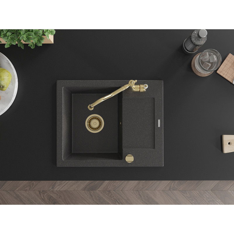 Mexen Enzo granito plautuvė su 1 skyriumi, su nutekėjimu ir virtuviniu maišytuvu Carla, juodas taškuotas - 6506-76-670700-50