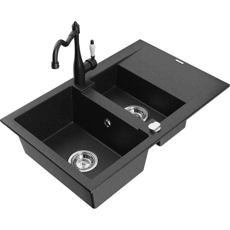 Mexen Gaspar 1,5 d. granitinė plautuvė su nusausinimo vieta ir virtuviniu maišytuvu Carla juoda/sidabro metalo