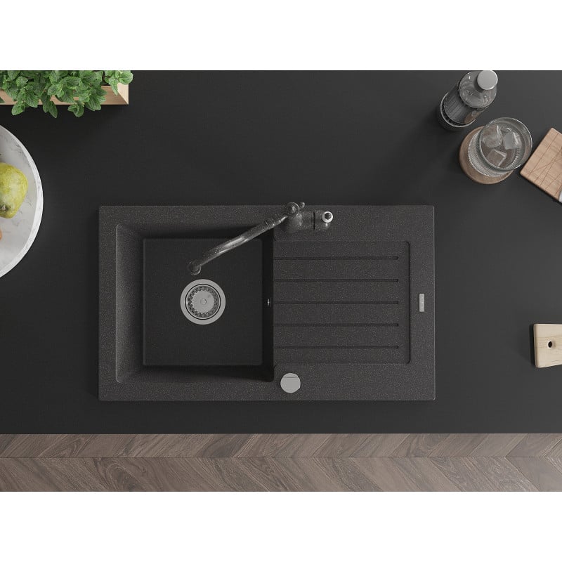 Mexen Pablo granitinė vieno dubens plautuvė su nusausinimu ir virtuviniu maišytuvu Carla, juoda dėmėta - 6510-76-670700-76