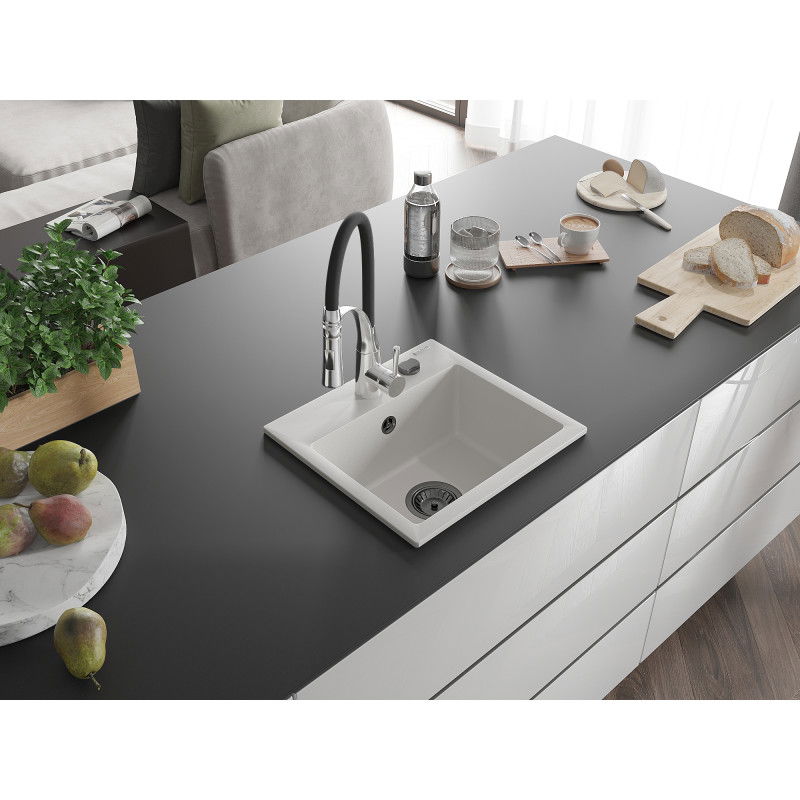 Mexen Milo granito virtuvės kriauklė su vienu dubeniu ir virtuviniu maišytuvu Aster, balta - 6505-20-73450-07-B