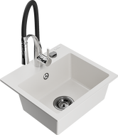 Mexen Milo granito virtuvės kriauklė su vienu dubeniu ir virtuviniu maišytuvu Aster, balta - 6505-20-73450-07-B