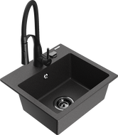 Mexen Milo granitinė virtuvės plautuvė su viena komora ir virtuviniu maišytuvu Aster, juodas taškuotas - 6505-76-73450-70-B