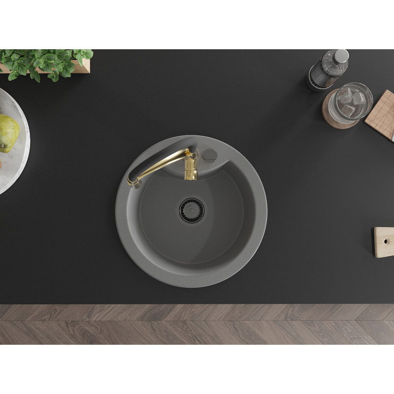 Mexen Diego granitinis vienos dalies kriauklė su virtuviniu maišytuvu Aster, pilka - 6512-71-73450-57-B