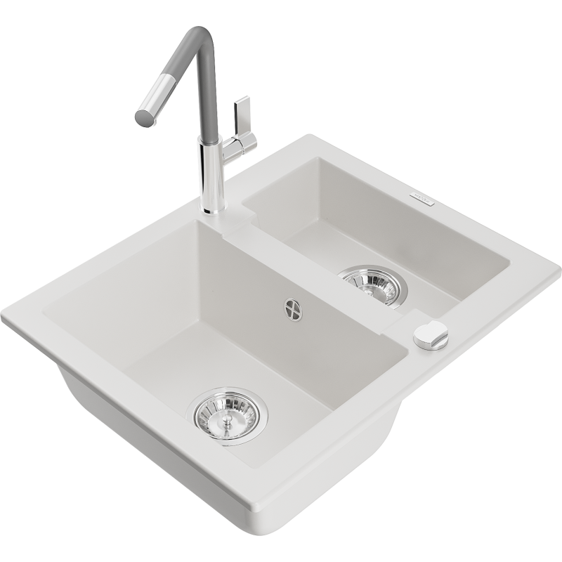 Mexen Carlos granitinė virtuvės kriauklė 1,5 kamerų su Flora virtuviniu maišytuvu, balta - 6518-20-670401-06