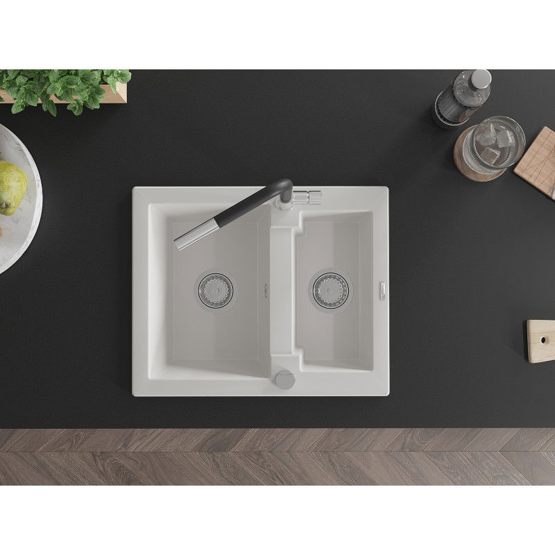 Mexen Carlos granitinis plautuvė 1,5 skylių su virtuvės maišytuvą Flora, balta - 6518-20-670401-07