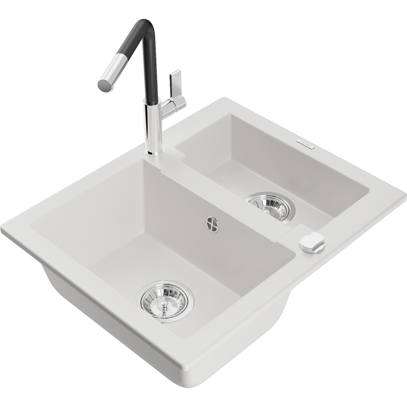 Mexen Carlos granitinis plautuvė 1,5 skylių su virtuvės maišytuvą Flora, balta - 6518-20-670401-07