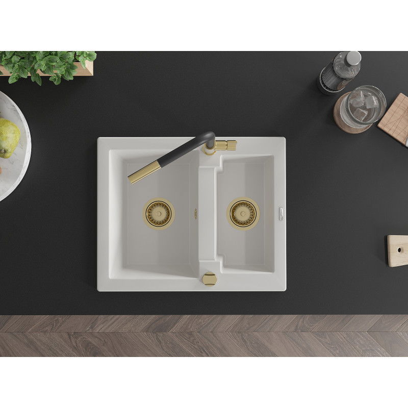 Mexen Carlos granitinė 1,5 skyrių virtuvės kriauklė su Flora maišytuvu, balta - 6518-20-670401-57-G