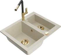 Mexen Carlos granito plautuvė 1,5 skylių su virtuviniu maišytuvu Flora, smėlio spalvos - 6518-69-670401-57-G