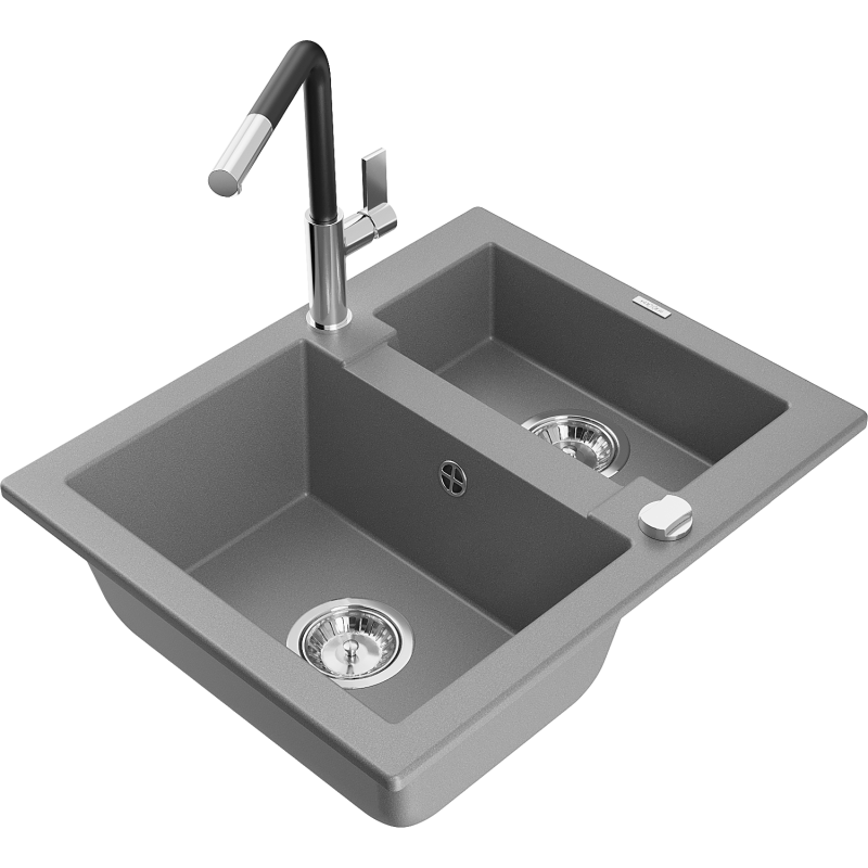 Mexen Carlos granitinė 1,5 kamerų kriauklė su virtuviniu maišytuvu Flora, pilka - 6518-71-670401-07