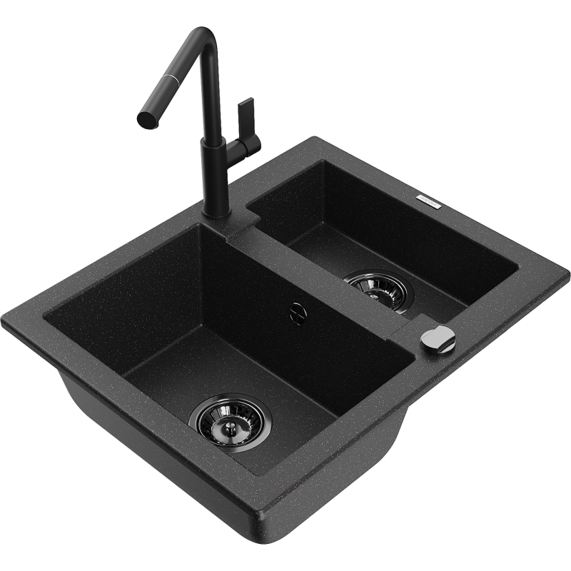 Mexen Carlos granitinė 1,5 sektoriaus plautuvė su Flora virtuviniu maišytuvu, juoda/sidabro metalo blizgesio