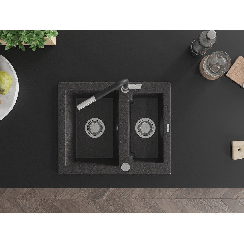 Mexen Carlos granito plautuvė 1,5 skylių su virtuviniu maišytuvu Flora, juodas taškuotas - 6518-76-670401-07