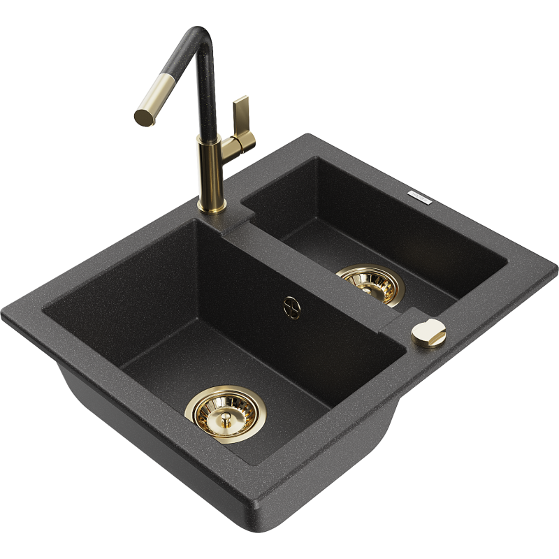 Mexen Carlos granito kriauklė 1,5 skyrių su Flora virtuviniu maišytuvu, juodas taškeliais - 6518-76-670401-75-G