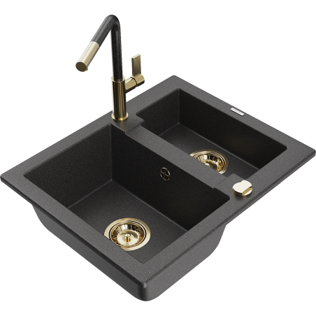 Mexen Carlos granito kriauklė 1,5 skyrių su Flora virtuviniu maišytuvu, juodas taškeliais - 6518-76-670401-75-G