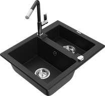 Mexen Carlos granitinė 1,5 skylių plautuvė su Flora virtuvės maišytuvu, juoda - 6518-77-670401-07