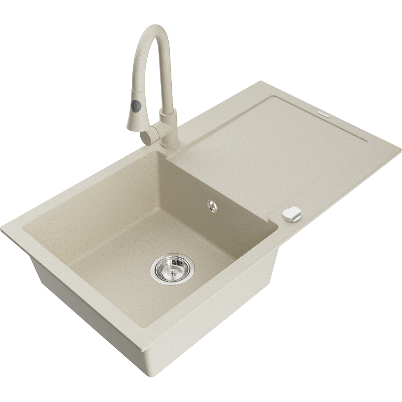 Mexen Leo vienos komoros granito plautuvė su nusausintuvu ir virtuviniu maišytuvu Elia, smėlio spalvos - 6501-69-670101-69