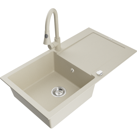 Mexen Leo vienos komoros granito plautuvė su nusausintuvu ir virtuviniu maišytuvu Elia, smėlio spalvos - 6501-69-670101-69