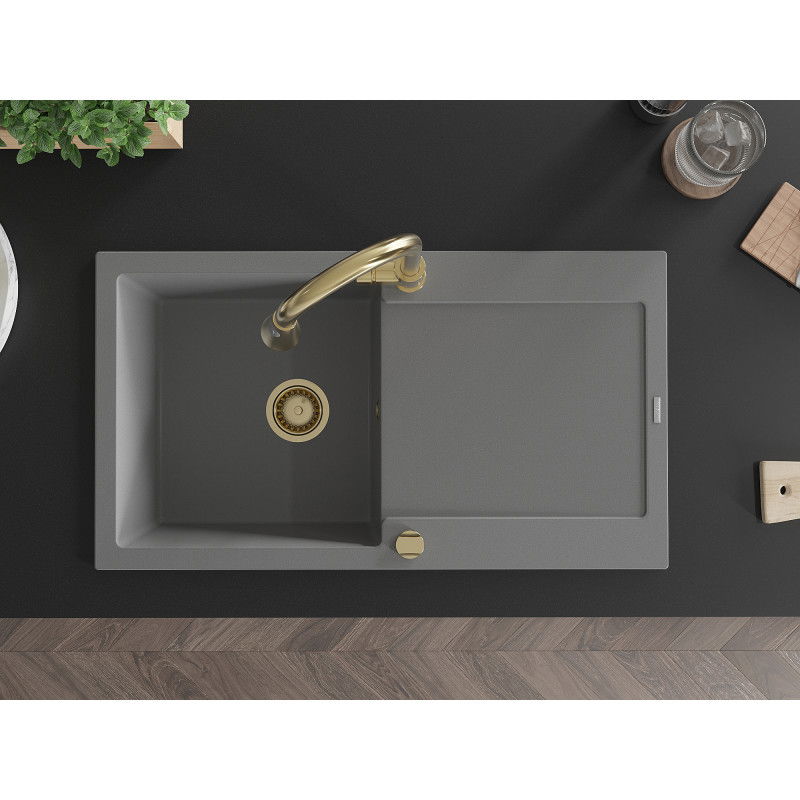 Mexen Leo granito plautuvė su viena kamera ir nusausintuvu bei virtuvės maišytuvu Elia, pilka - 6501-71-670101-50