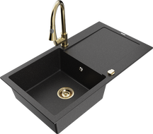 Mexen Leo granitinė vienos skyrelio virtuvės kriauklė su nusausintuvu ir virtuviniu maišytuvu Elia, juoda/sidabrinė