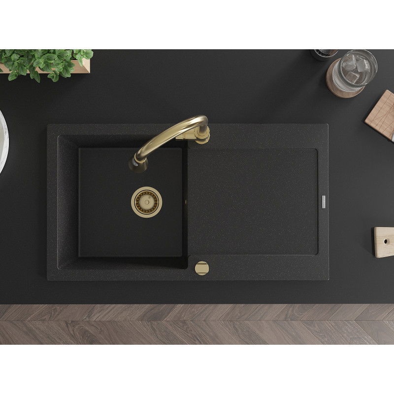 Mexen Leo granitinė vienos skyrelio virtuvės kriauklė su nusausintuvu ir virtuviniu maišytuvu Elia, juoda/sidabrinė