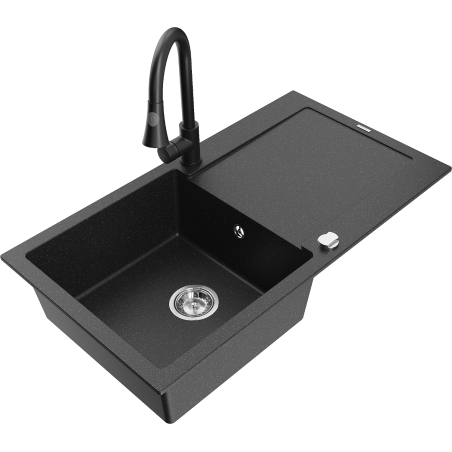 Mexen Leo granitinė virtuvės kriauklė su viena kamera, lašintuvu ir Elia virtuviniu maišytuvu, juoda/sidabrinė metalinė