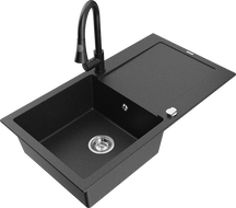 Mexen Leo granitinė virtuvės kriauklė su viena kamera, lašintuvu ir Elia virtuviniu maišytuvu, juoda/sidabrinė metalinė