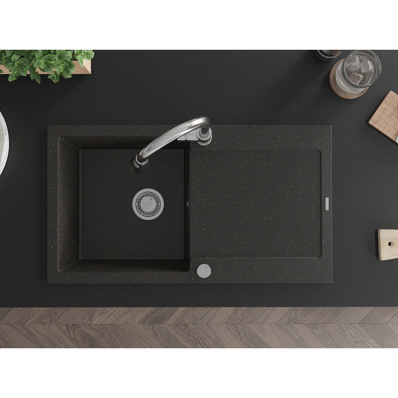 Mexen Leo granitinė plautuvė su vienos sekcijos nutekamąja zona ir virtuviniu maišytuvu Elia, juoda/auksinė metalika