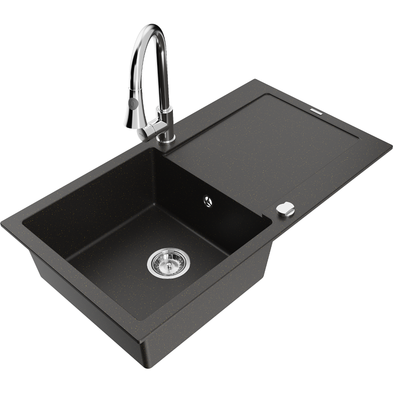 Mexen Leo granitinė plautuvė su vienos sekcijos nutekamąja zona ir virtuviniu maišytuvu Elia, juoda/auksinė metalika