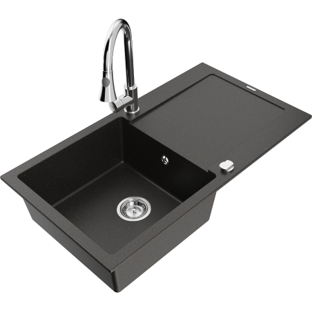 Mexen Leo granitinė plautuvė su vienos sekcijos nutekamąja zona ir virtuviniu maišytuvu Elia, juoda/auksinė metalika