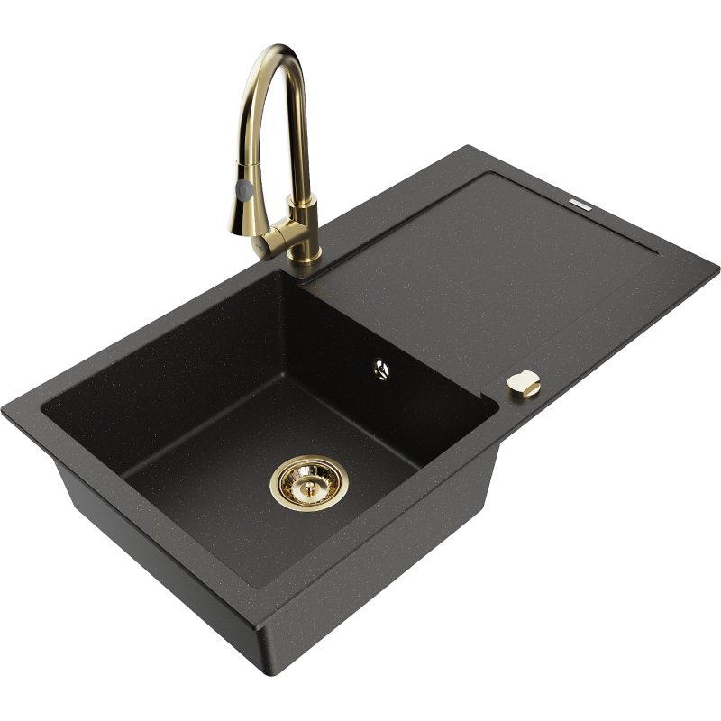 Mexen Leo granitinė plautuvė su vienu dubeniu, nusausinimo paviršiumi ir virtuviniu maišytuvu Elia, juoda/auksinė metalo