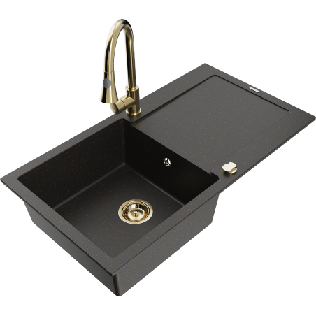 Mexen Leo granitinė plautuvė su vienu dubeniu, nusausinimo paviršiumi ir virtuviniu maišytuvu Elia, juoda/auksinė metalo