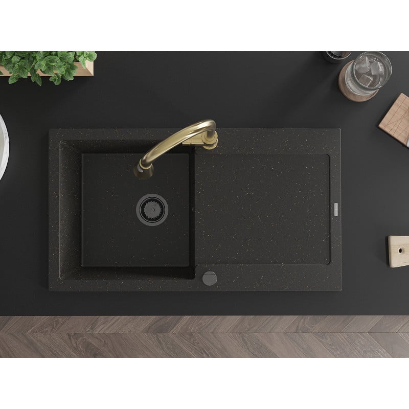 Mexen Leo granitinė vienos plautuvės kriauklė su nusausintuvu ir virtuvės maišytuvu Elia, juoda/aukso spalvos metalik