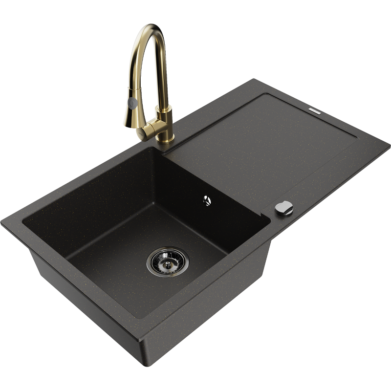 Mexen Leo granitinė vienos plautuvės kriauklė su nusausintuvu ir virtuvės maišytuvu Elia, juoda/aukso spalvos metalik