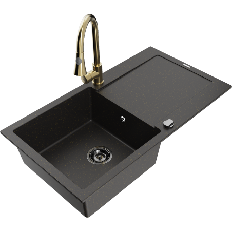 Mexen Leo granitinė vienos plautuvės kriauklė su nusausintuvu ir virtuvės maišytuvu Elia, juoda/aukso spalvos metalik