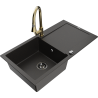 Mexen Leo granitinė vienos plautuvės kriauklė su nusausintuvu ir virtuvės maišytuvu Elia, juoda/aukso spalvos metalik