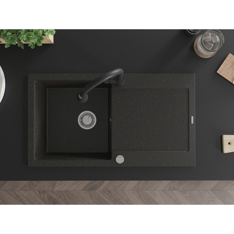 Mexen Leo granitinė kriauklė su viena kamera, varvekliu ir virtuviniu maišytuvu Elia, juoda/auksinė metalik