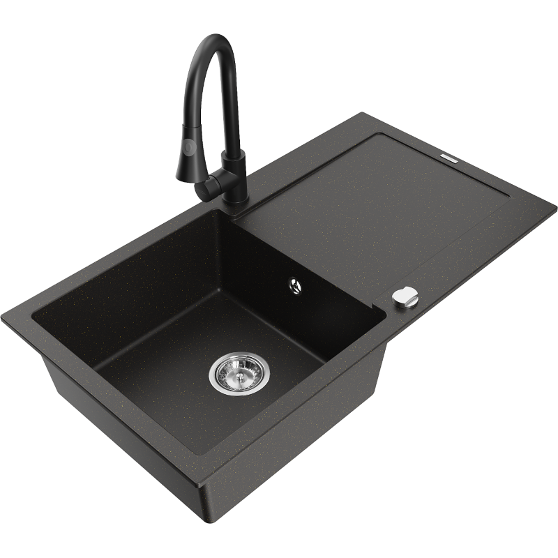 Mexen Leo granitinė kriauklė su viena kamera, varvekliu ir virtuviniu maišytuvu Elia, juoda/auksinė metalik