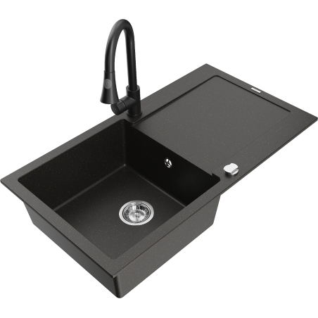 Mexen Leo granitinė kriauklė su viena kamera, varvekliu ir virtuviniu maišytuvu Elia, juoda/auksinė metalik