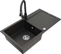 Mexen Leo granitinė kriauklė su viena kamera, varvekliu ir virtuviniu maišytuvu Elia, juoda/auksinė metalik