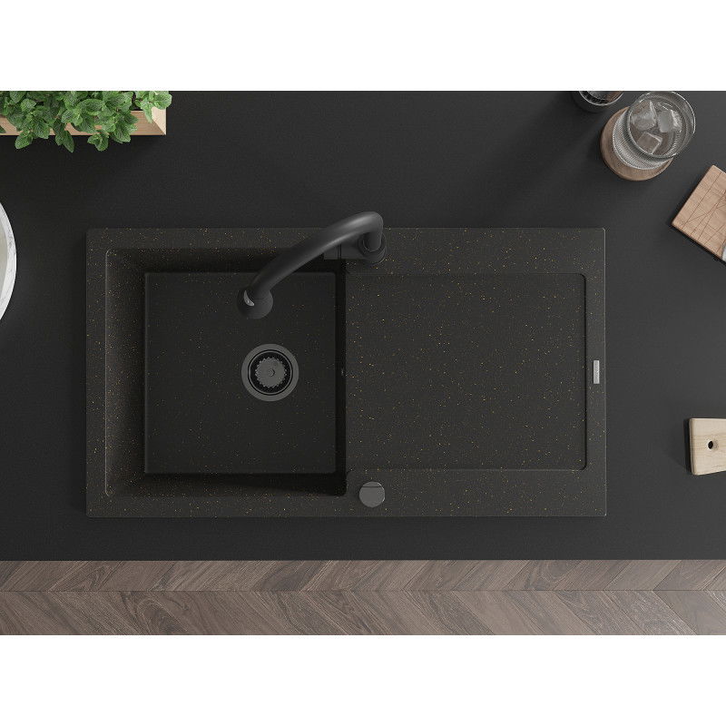 Mexen Leo vienos kameros granitinė kriauklė su nutekamu ir virtuviniu maišytuvu Elia, juoda/auksinė metalika