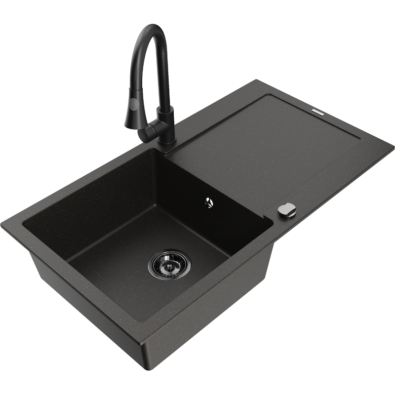 Mexen Leo vienos kameros granitinė kriauklė su nutekamu ir virtuviniu maišytuvu Elia, juoda/auksinė metalika