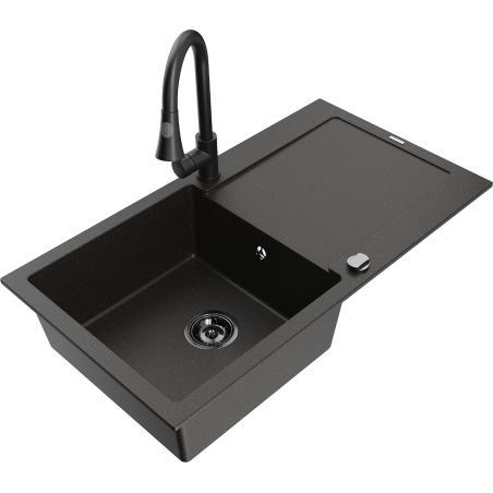 Mexen Leo vienos kameros granitinė kriauklė su nutekamu ir virtuviniu maišytuvu Elia, juoda/auksinė metalika